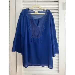 Bedford Fair Royal Blue Crochet Lace Tunic Top Tiered Ruffle  Sleeve w cami L